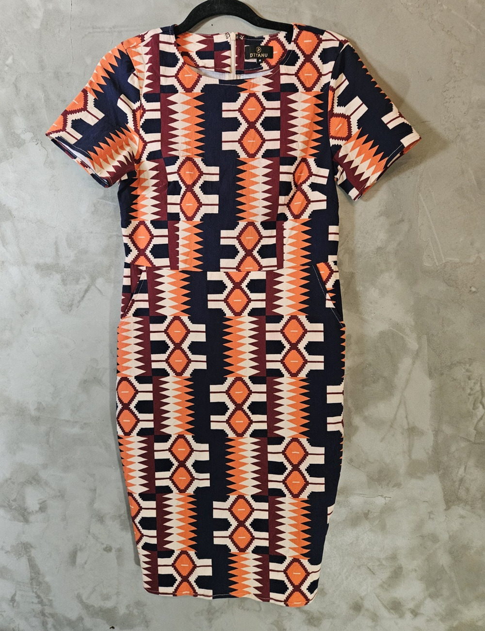 Diyanu Navy Orange Geometric African Sheath Dress size M Back Zip & Pockets